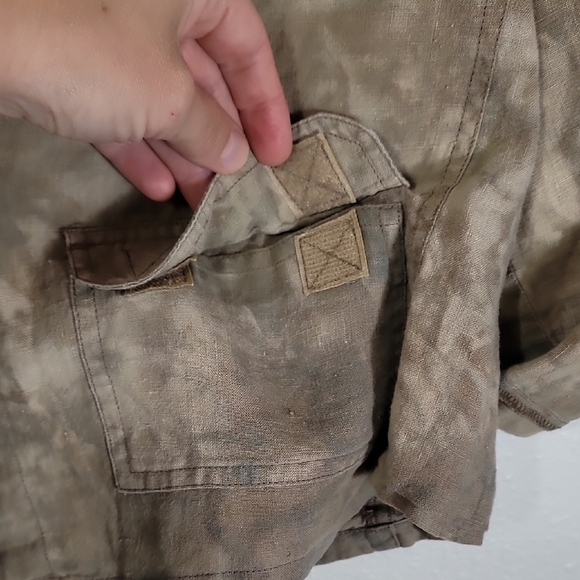 Vintage Chicos 100% Linen Snap Button Up Shirt Size S/M Tie Dye Brown Roll Tab - Picture 7 of 12